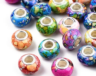 15, 30 or 50 Opaque Color Resin European Beads, Large Hole -Rainbow Mixed Colors  14x9mm, Hole: 5mm Ships from Florida