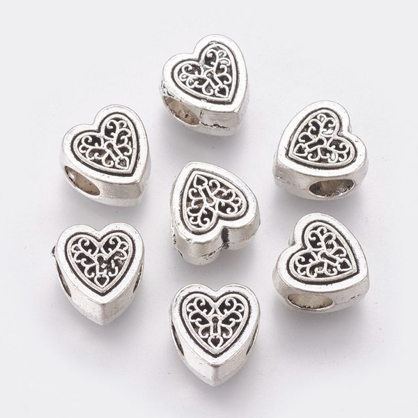 10 Alloy European Style Beads, Large Hole Beads, Heart with Tree of Life, Antique Silver, 10.5x10x6.5mm, Hole: 5mm