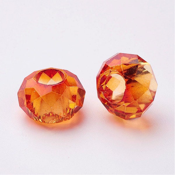 15 or 30 Faceted Glass European Beads, Large Hole Beads, No Metal Core, Rondelle, Dark Orange, about 14mm in diameter, 8mm thick, hole: 5mm