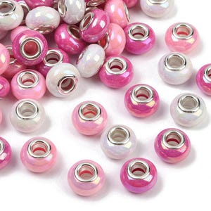 10, 20 o 40 cuentas europeas de resina opaca rosa y blanca, cuentas con agujeros grandes, imitación porcelana, 14 x 9 mm, agujero: 5 mm. Envíos desde Florida.