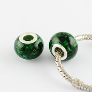 15 Mottled Spray Painted Glass European Beads, Rondelle, Green, 14~15x11mm, Hole: 4.5~5mm