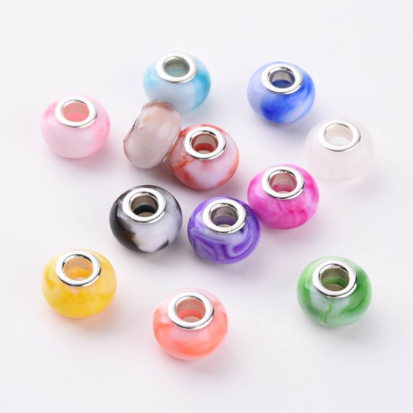 15 or 30 Soft Pastel Opaque Resin European Beads, Large Hole Beads Mixed Color, 14x9.5mm, Hole: 5mm