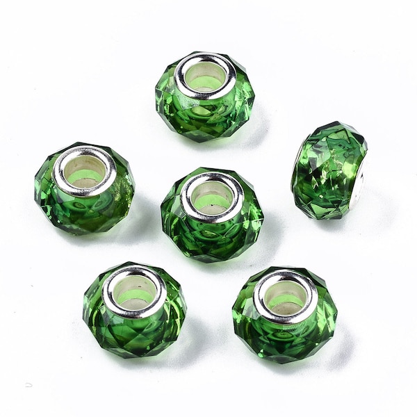 15, 30 or 50 Transparent Resin European Beads, Imitation Crystal, Large Hole Beads, faceted, Rondelle, Lime Green, 14x9.5mm, Hole: 5mm