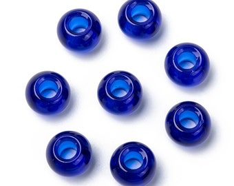 20 Glass European Beads, Large Hole Beads, Rondelle, Royal Blue, 15x10mm, Hole: 5mm