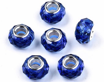 15 or 30 Transparent Resin European Beads, Imitation Crystal, Large Hole Beads, Faceted, Rondelle, Blue, 14x9.5mm, Hole: 5mm
