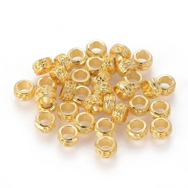 30 or 50 Matte Brass European Style Beads, Large Hole Beads, Long-Lasting Plated, Column, Real 18K Gold Plated, 4x6mm, Hole: 4.5mm