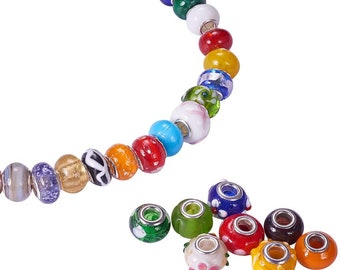 25 or 50 Mixed Styles Lampwork Glass European Beads, Large Hole Beads, Rondelle, Platinum, Mixed Color, 14~16x10mm, Hole: 5mm