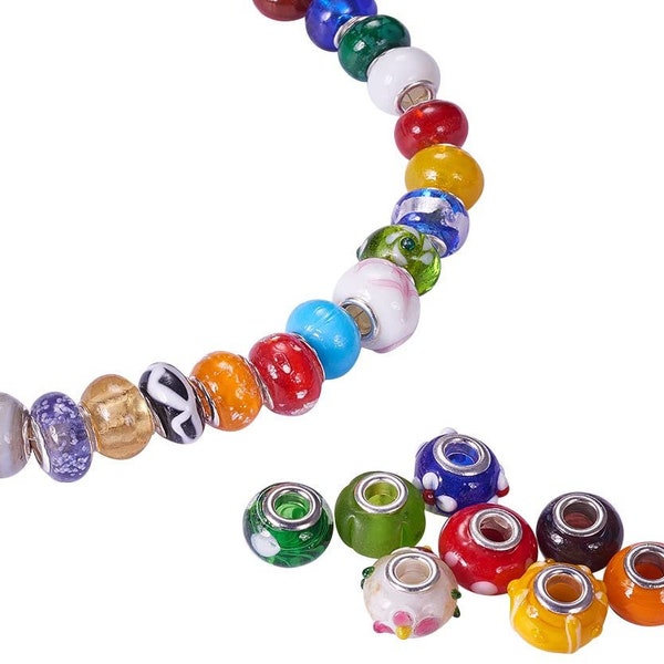 25 or 50 Mixed Styles Lampwork Glass European Beads, Large Hole Beads, Rondelle, Platinum, Mixed Color, 14~16x10mm, Hole: 5mm