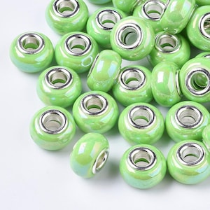 15 cuentas de resina de imitación de gelatina europea, con agujeros grandes, núcleos de latón, redondas, plateadas, color verde AB, 14 x 9 mm, agujero: 5 mm