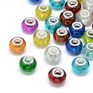 20 o 40 cuentas europeas de resina, cuentas de agujero grande, cuentas redondas de agujero grande, colores variados, 13,5 x 9~9,5 mm, agujero: 5 mm
