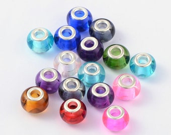 50 Mixed Color Glass Wide Hole / European Beads 15x12mm, Hole: 5mm