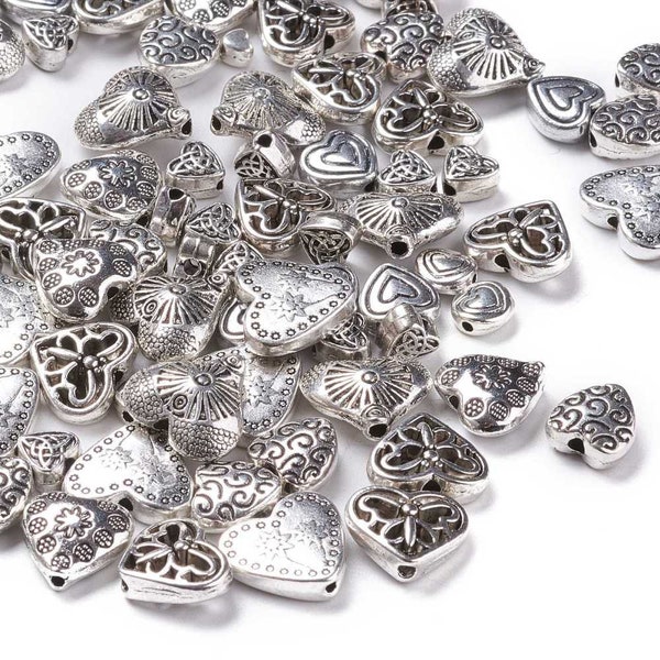 50 Random   Style Alloy Beads, Heart, Mixed Style, Antique Silver, 4~30x4~30x3~10mm, Hole: 1~2mm