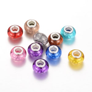 20 or 40 Resin European Beads, Large Hole Beads, with Silver Color Plated Brass Cores, Rondelle, Mixed Color, 14x9~9.5mm, Hole: 5mm