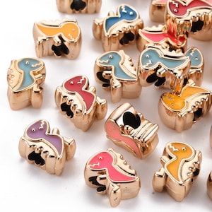 10 or 20 UV Plating Acrylic European Beads, with Enamel, Large Hole Beads, Mixed Color, Dinosaur, Light Gold, 13x10x7mm, Hole: 4mm