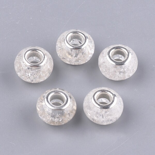 15 Crackle Clear Two Tone Resin European Beads, Large Hole Beads, with Silver Tone Brass Double Cores, Rondelle, 13.5~14x8.5~9mm, Hole: 5mm