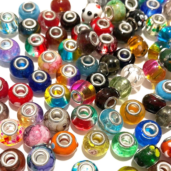 BULK 25, 50, 75, or  100 Large Hole / European Mixed Color Glass Beads holes approx 4.5-5.5mm
