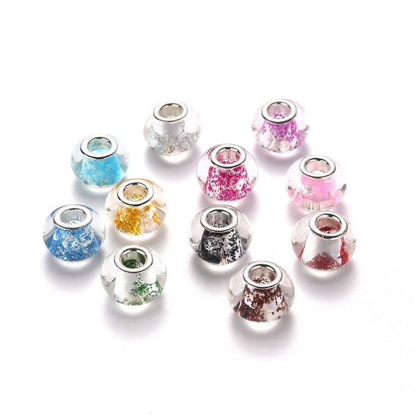 15 or 30 Mixed Transparent Glass European Beads, Large Hole Rondelle Beads, with Glitter Sequins Mixed Color, 14x10mm Hole 5mm.