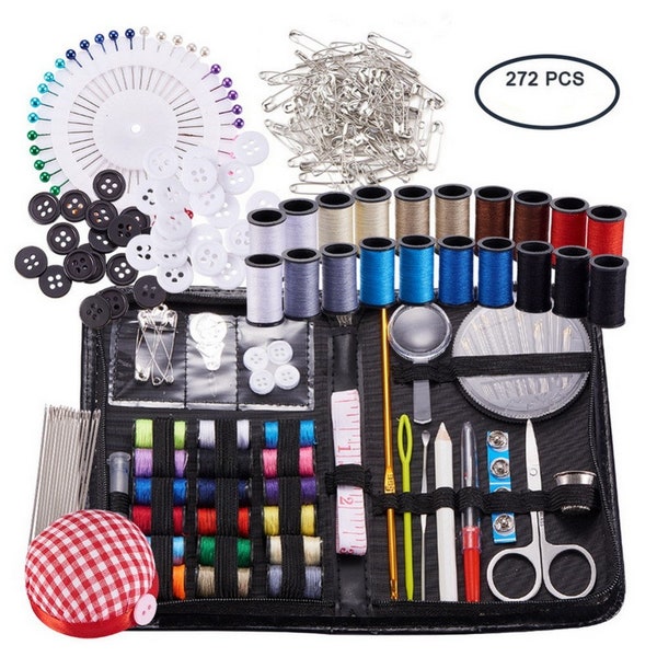 272pcs Sewing Supplies kit with Buttons, Pins, Scissors, Pencil, Sewing Threads ,Knitting Neddles, Crochet Hooks & Cloth Needle Cushion