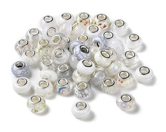 10, 20 or 40 Mixed White, Cream, Clear Patterned Acrylic Resin Wide Hole European Beads 13.5x9mm, Hole: 5mmShips from Florida