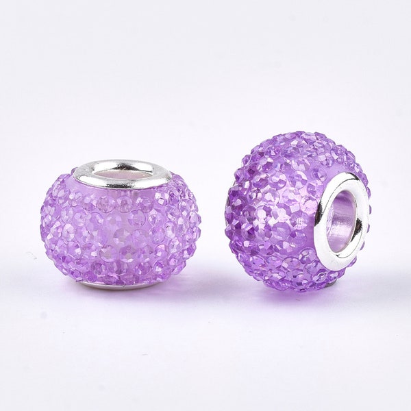 15 or 30 Resin European Beads, Large Hole Beads, with Platinum Tone Brass Double Cores, Rondelle, Berry Beads, Lilac, 14x10mm, Hole: 5mm