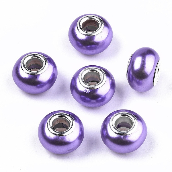 15 or 30 Imitation Pearl Style Resin European Beads, Large Hole Rondelle Beads,  Dark Violet, 14x9mm, Hole: 5mm