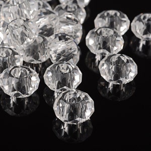 15 or 30 Glass Faceted European Beads, Large Hole Beads, No Metal Core, Rondelle, Clear, 14x8mm, Hole: 5mm