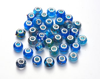 20 or 40 Blue Glass European Beads  14~16x9~10mm, Hole: 5mm Random Mix