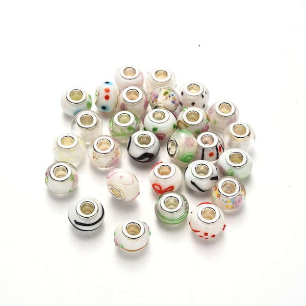 15 or 30 Mixed Lampwork Wide Hole Beads, Large Hole Rondelle Beads l White, 14~16x9~10mm, Hole: 5mm