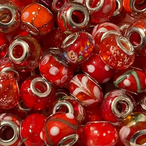 15, 30 or 50 Mixed Red Glass European Beads  14~16x9~10mm, Hole: 5mm Random Mix Ships from Florida