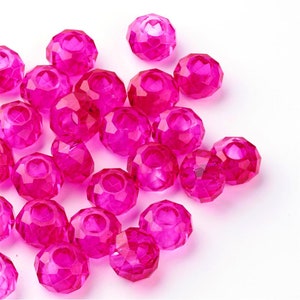 5, 15 or 30 Faceted Glass European Beads, Large Hole Beads, No Metal Core, Rondelle, Fuchsia, 14x8mm, Hole: 5mm Ships from Florida