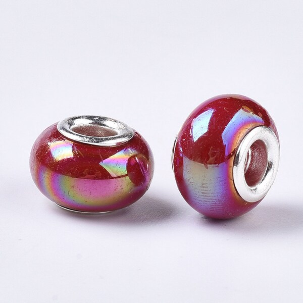 15 Opaque Resin European Beads, Large Hole Beads, Imitation Porcelain, AB Color, Rondelle, Dark Red, 14x9mm, Hole: 5mm