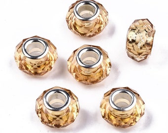 15 Transparent Resin European Beads, Imitation Crystal, Large Hole Beads, Double Cores, Faceted, Rondelle, Goldenrod, 14x9.5mm, Hole: 5mm