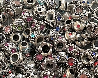 20 or 40 Wide Hole European Mostly Antique Silver Metal Alloy  Rhinestone Spacer Bead mix