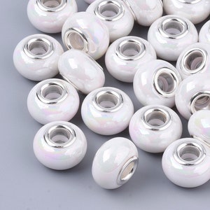 5, 15, or 30 Opaque Resin European Beads, Large Hole Beads, Porcelain Look, White Aurora Borealis (AB) Color, Rondelle, 14x9mm, Hole: 5mm