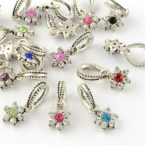 5 Mixed Color Rhinestone Flower Dangle Charms for Necklaces and Wide Hole European Bead Jewerly