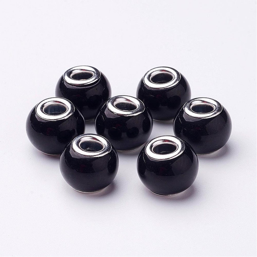 5, 15 or 30 Black Color Wide Hole / European Glass Beads 15x12mm, Hole ...