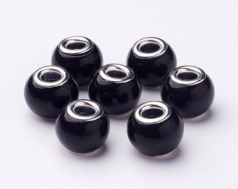 15 or 30 Black Color Wide Hole / European Glass Beads 15x12mm, Hole: 5mm
