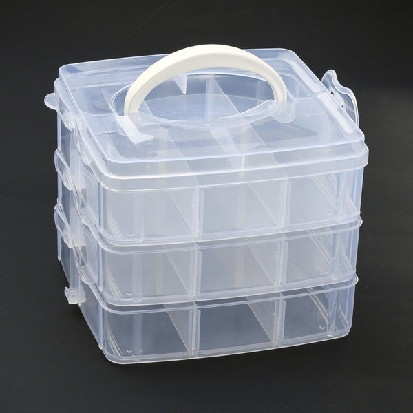 Plastic Bead Container, Rectangle, Three Layers, A Total of 18 Compartments, Clear, 155x160x130mm, Compartment: 48x71~51x72mm