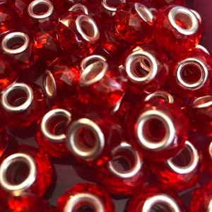 20 Transparent Resin European Beads, Imitation Crystal, Large Hole Beads, Faceted, Rondelle, Reddish 14x9.5mm, Hole: 5mm