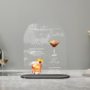 May include: Clear acrylic sign with the words "Signature Cocktails" and drink names "Hers" and "His". The "Hers" cocktail is an Espresso Martini, and the "His" cocktail is an Old Fashioned. The sign is on a black base.