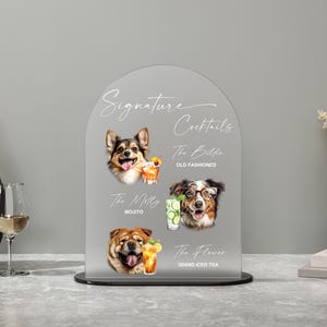 Dog Signature Cocktails signe | Menu du bar à boissons pour animaux de compagnie | Menu de bar de mariage en acrylique | Bar pour mariage d'animal de compagnie | Enseigne pour boissons Dog Signature