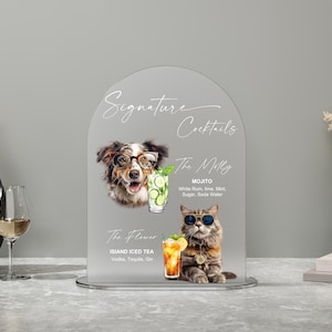 Signe signature pour animaux de compagnie cocktails - Signe pour boissons emblématiques pour chat et chien - Signe pour bar de mariage en acrylique givré - Signe pour boissons modernes Animaux de compagnie - Signe pour cocktail pour animal de compagnie