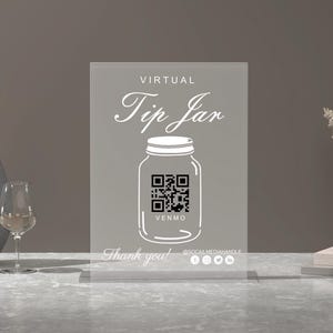Tarro de propinas virtual con código QR: moderno letrero acrílico para propinas con soporte personalizado/exhibición de pago sin contacto para restaurantes, cafeterías y comercios.
