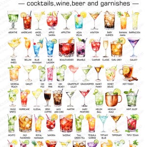 May include: A poster featuring illustrations of various cocktails, wines, beers, and garnishes. The text at the top reads "SELECT FROM OVER 400 DRINKS." Each drink is labeled with its name, such as "Absinthe," "Americano," and "Mojito."