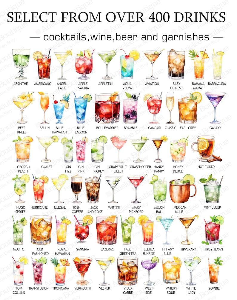 May include: A poster featuring illustrations of various cocktails, wines, beers, and garnishes. The text at the top reads "SELECT FROM OVER 400 DRINKS." Each drink is labeled with its name, such as "Absinthe," "Americano," and "Mojito."