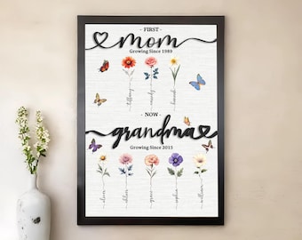 Custom Flower Birth Month Garden Wooden Sign Frame/First Mom Now Grandma Sign/Gift For Mom Gift For Grandma With Kids Names