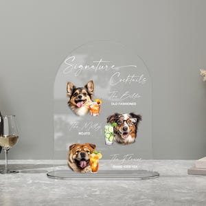 Plaque de cocktail chien emblématique - Menu de bar de mariage en acrylique - Menu de bar de boissons emblématiques pour animaux de compagnie - Plaque de bar de mariage d'animal de compagnie - Plaque de boissons exclusives de chien