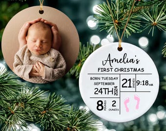 Première décoration de Noël de bébé | Décoration photo pour bébé | Nouvelle décoration de bébé personnalisée | Décoration souvenir de bébé | Nouvelle décoration de statistiques de naissance de bébé