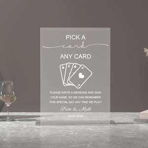 Placa para livro de visitas de cartas de baralho | Assine nosso livro de visitas | Escolha uma carta, qualquer carta | Placa personalizada para baralho de casamento | Decoração de casamento em acrílico