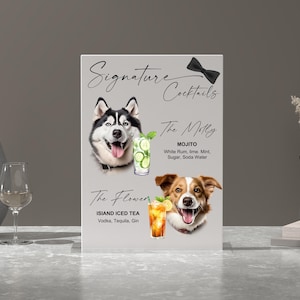 Plaque de cocktail chien emblématique - Menu de bar de mariage en acrylique - Menu de bar de boissons emblématiques pour animaux de compagnie - Plaque de bar de mariage d'animal de compagnie - Plaque de boissons exclusives de chien